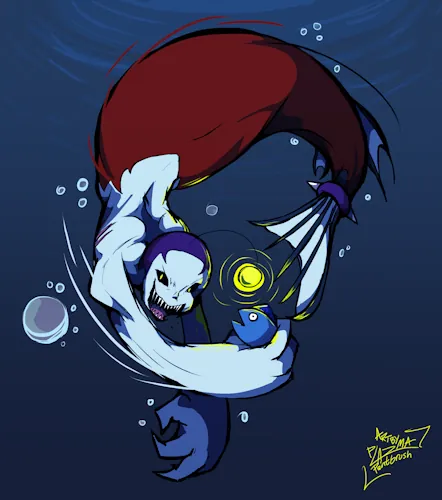 A mermaid deep underwater is quickly grabbing a fish with her bare hand. She is very monstrous, with black sclera, glowing yellow pupils, pale body, bulky forearms, claw-like hands with only 4 digits, and a large number of sharp anglerfish teeth in her mouth as she smiles aggressively at the viewer. Her mermaid half is typical in length but has anglerfish elements. Three gills are on her right ribs. A bracelet with two spikes is around the end of her tail. A yellow lure is coming from her head, and illuminating her nearby body parts and the caught fish. The fish is comically shocked.